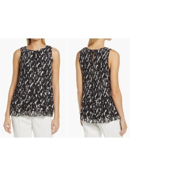 Halogen(R) Sleeveless Pleated Georgette Top in Black- Ivory Brushstrokes , XS - Picture 1 of 15